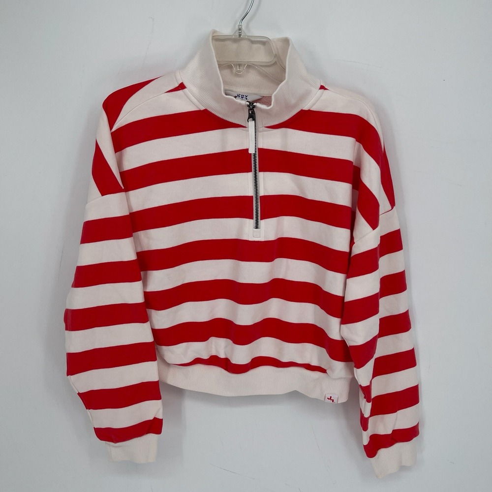 JoyLab Women's Red Striped Quarter Zip French Terry Cropped Sweatshirt Size M